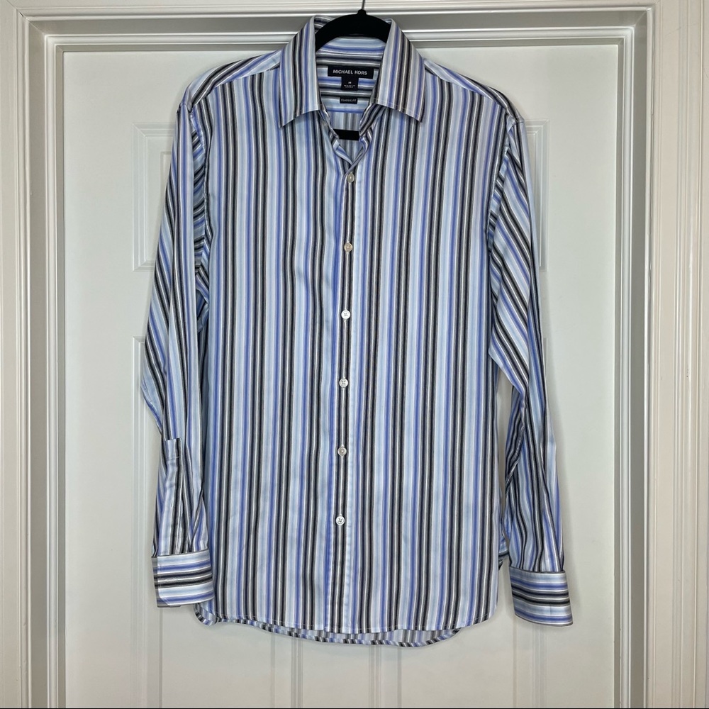Michael Kors Blue Gray White Striped Button Up Dress Shirt